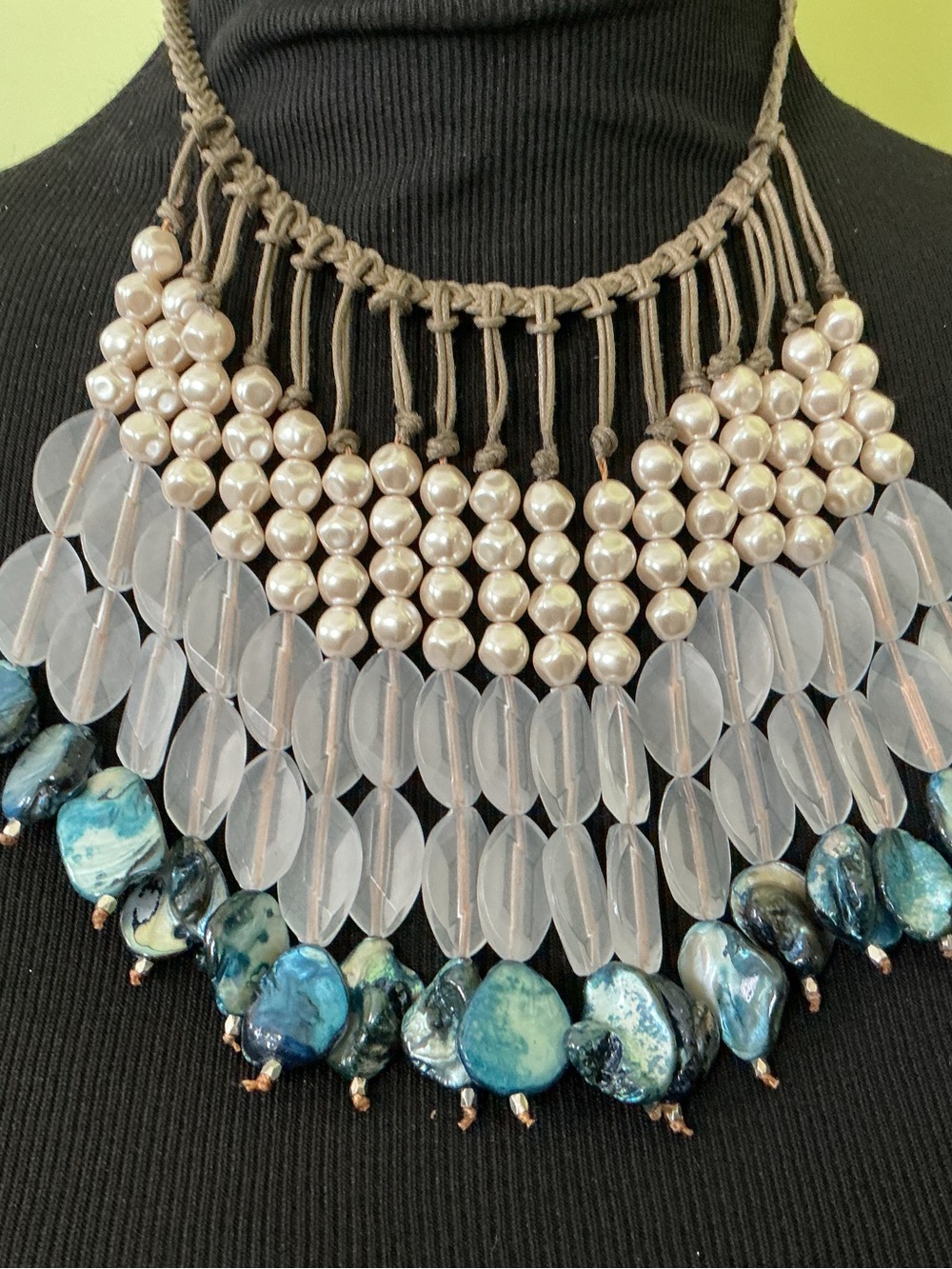 Chico's Bib Pearl, Opal-White and Teal Multi-Strand Necklace
